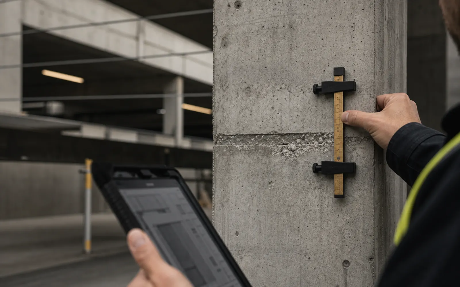 Structural review detail with measuring tool and tablet used for building recertification support.
