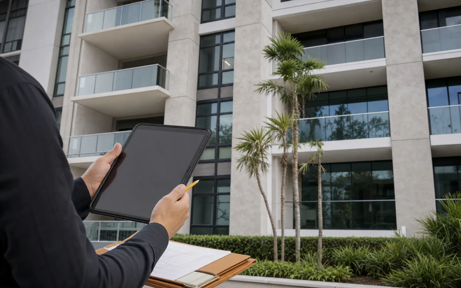 Anonymous field consultant documenting exterior building conditions for recertification support.