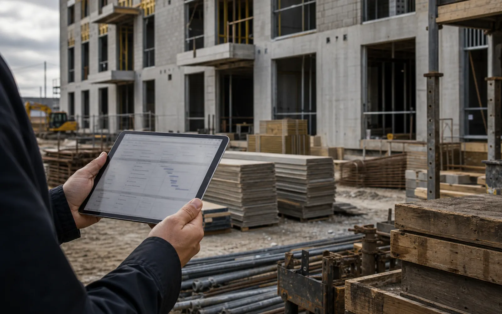 Anonymous consultant reviewing remaining work and project schedule context on a tablet at an active site.