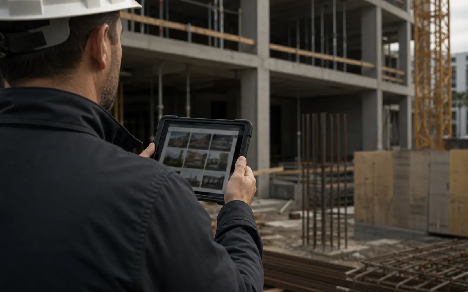 Anonymous field inspector reviewing construction progress photos on a tablet at an active jobsite.
