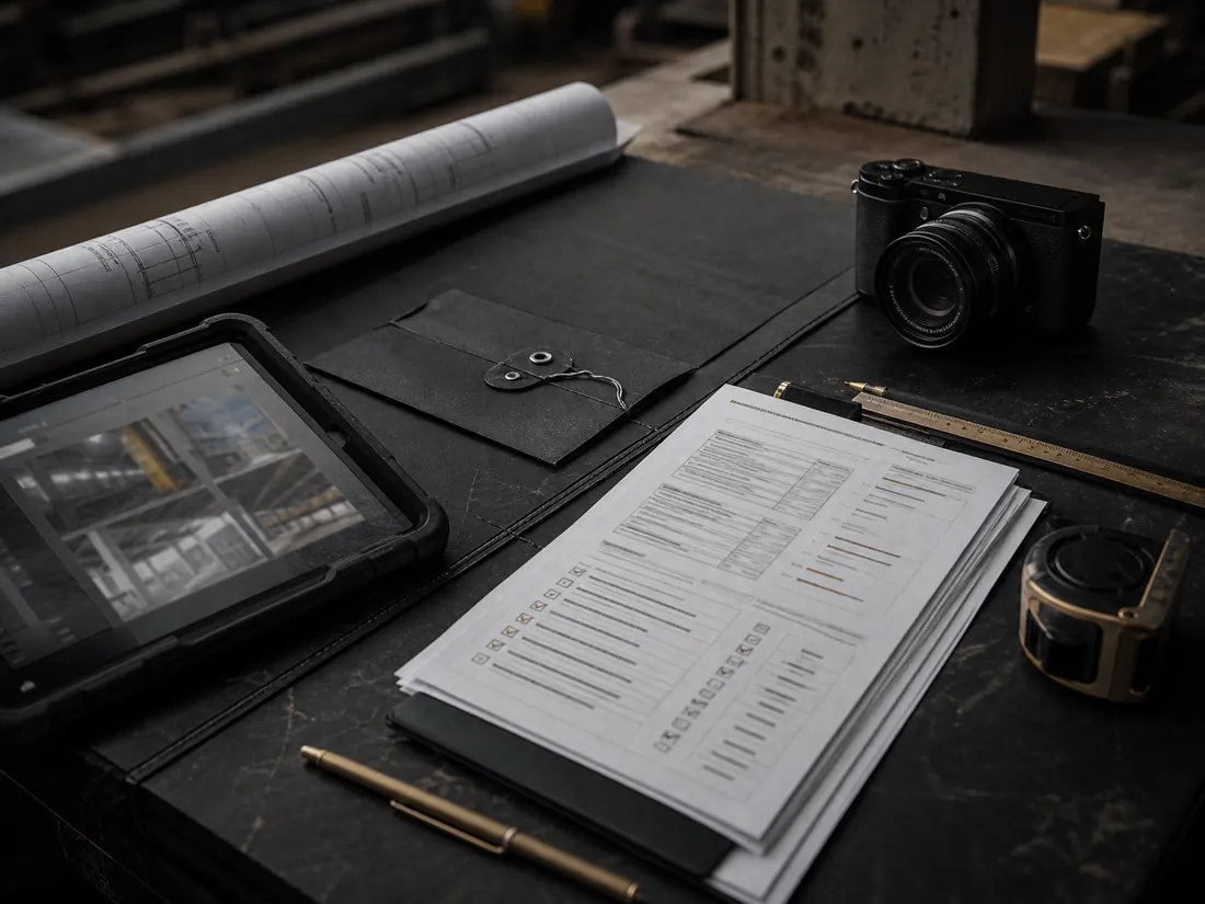Inspection documentation packet with tablet, camera, plans, and checklist prepared for construction review.