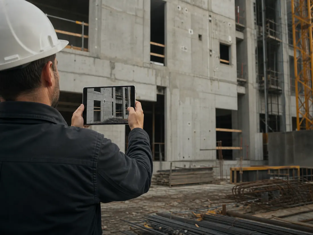 Anonymous field consultant documenting concrete facade conditions with a tablet at an active construction site.