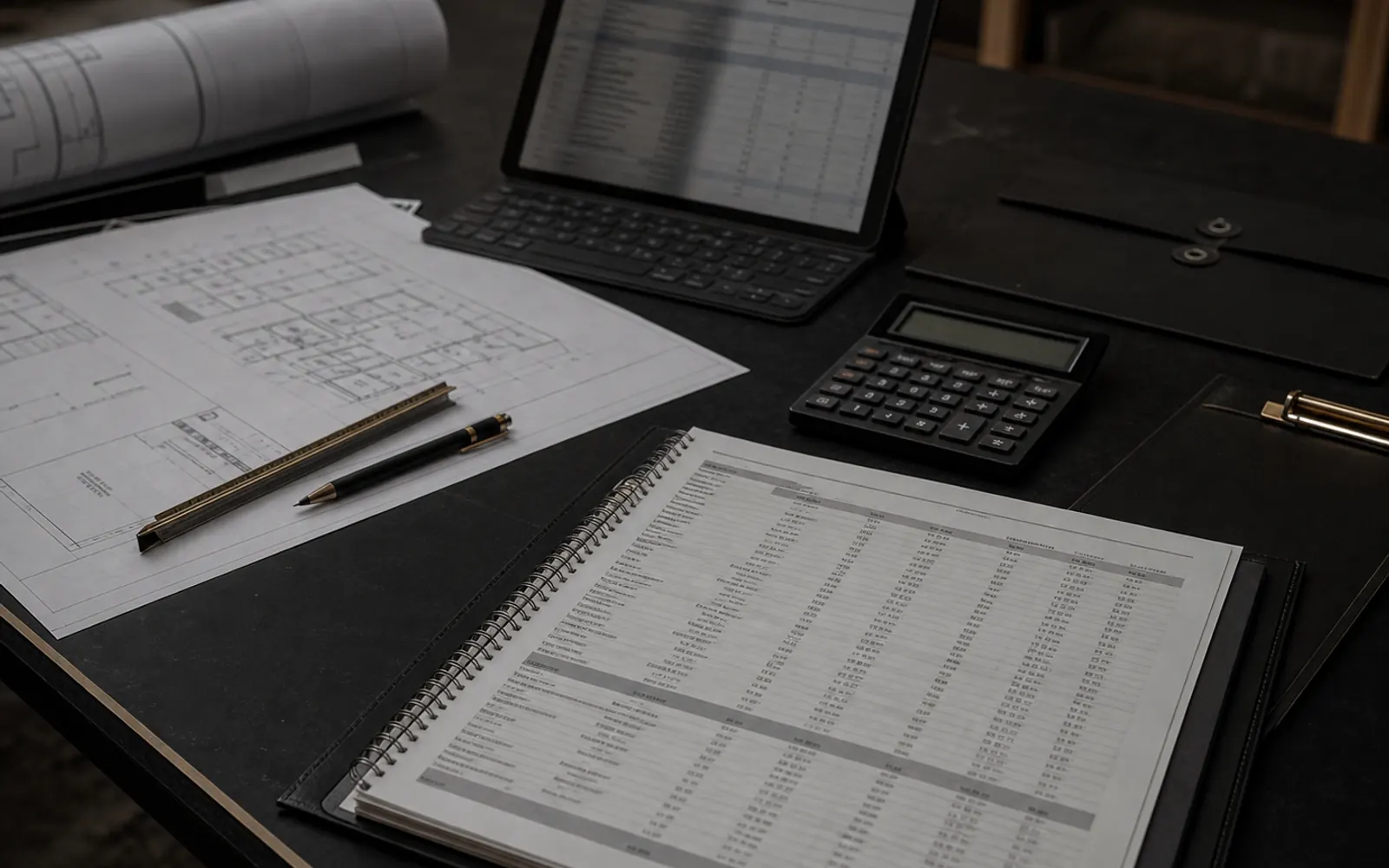 Plans, budget workbook, calculator, and review tablet used for construction cost due diligence.