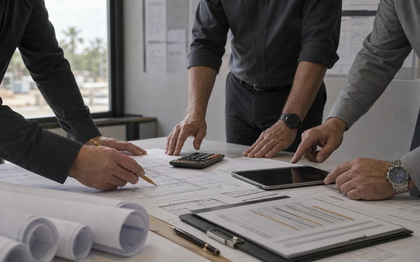 Construction plans, cost documents, a calculator, and a tablet being reviewed for pre-closing due diligence.